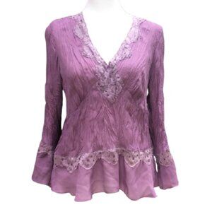 Sunny Leigh Women's Crinkled Sheer Top with Embellishments & Lace, Bell Sleeve